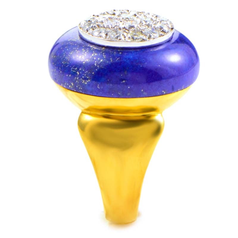 This ring is marvelous and colorful. It is made of 18K yellow gold and features a gorgeous lapis stone accented with ~.90CT of diamonds which are set in a bed of white gold.
Retail Price
$10,790.00
Ring Size: 7.75 (55 7/8)