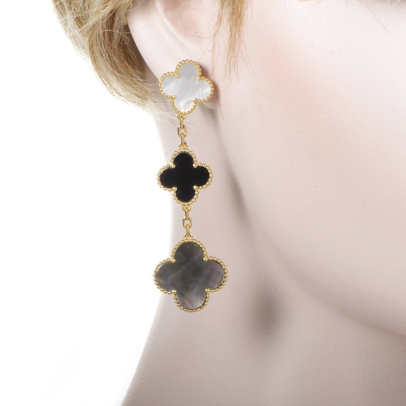 Van Cleef & Arpels Magic Alhambra Onyx Mother of Pearl Yellow Gold Earrings In New Condition In Southampton, PA