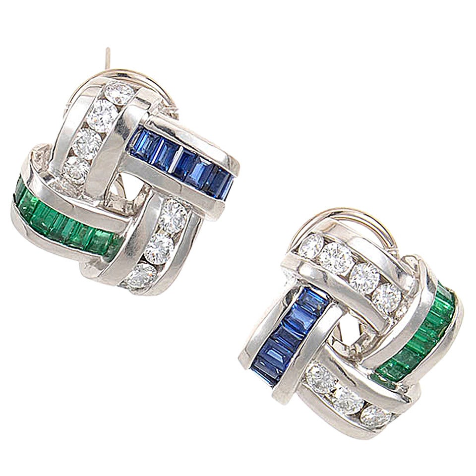 Charles Krypell Sapphire Emerald Platinum Earrings