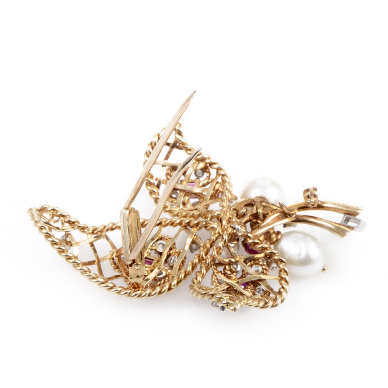 Cartier Pearl Gemstone Diamond Rose Gold Floral Brooch