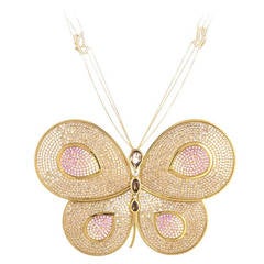 Victoria Casal Multi-Gem Diamond Yellow Gold Butterfly Pendant Necklace