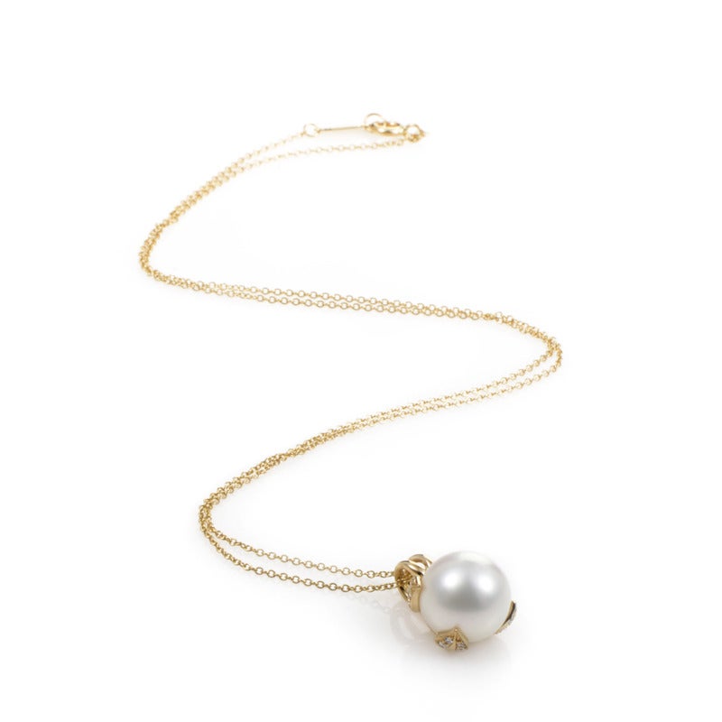 Tiffany and Co. Pearl Diamond Yellow Gold Pendant Necklace at 1stDibs