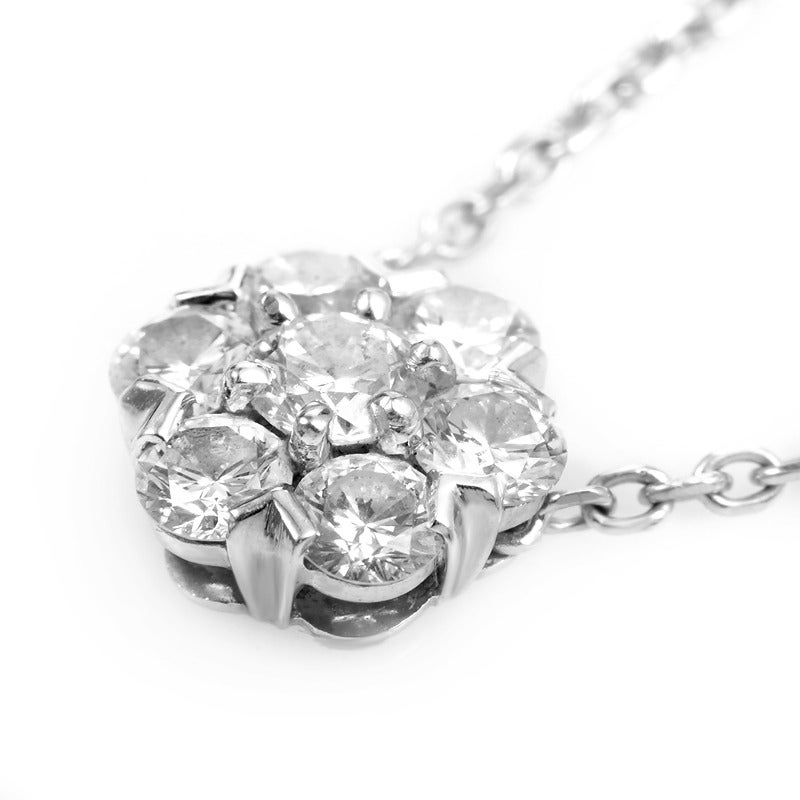 A favorite of Van Cleef & Arpels fans, the Fleurette pendant exudes sophistication and class. This pendant necklace is made of 18K white gold and boasts a pendant comprised of 7 diamonds.
Retail Price: $13,800.00
Approximate Dimensions:
Drop of