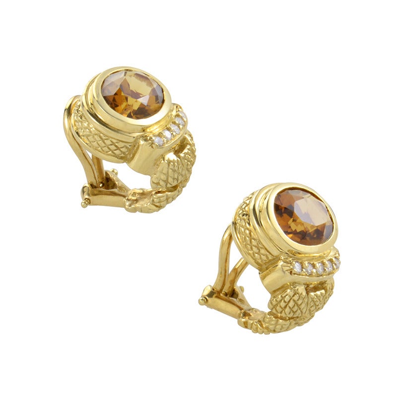 Judith Ripka Smoky Topaz Diamond Yellow Gold Clip-On Earrings