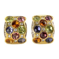 Multi-Gold Gemstone and Diamond Huggie Earrings