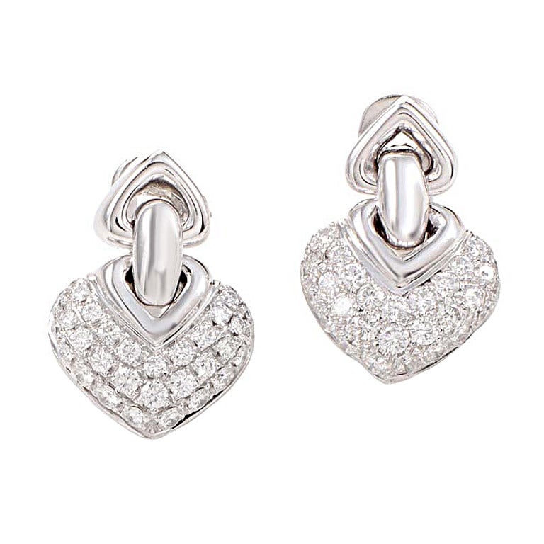 Bulgari Diamond White Gold Pave Heart Earrings
