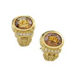 Judith Ripka Smoky Topaz Diamond Yellow Gold Clip-On Earrings