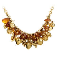 Pearl Amber Yellow Gold Charms Necklace