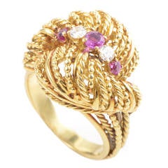 Vintage Tiffany & Co. Ruby Diamond Gold Rope Ring