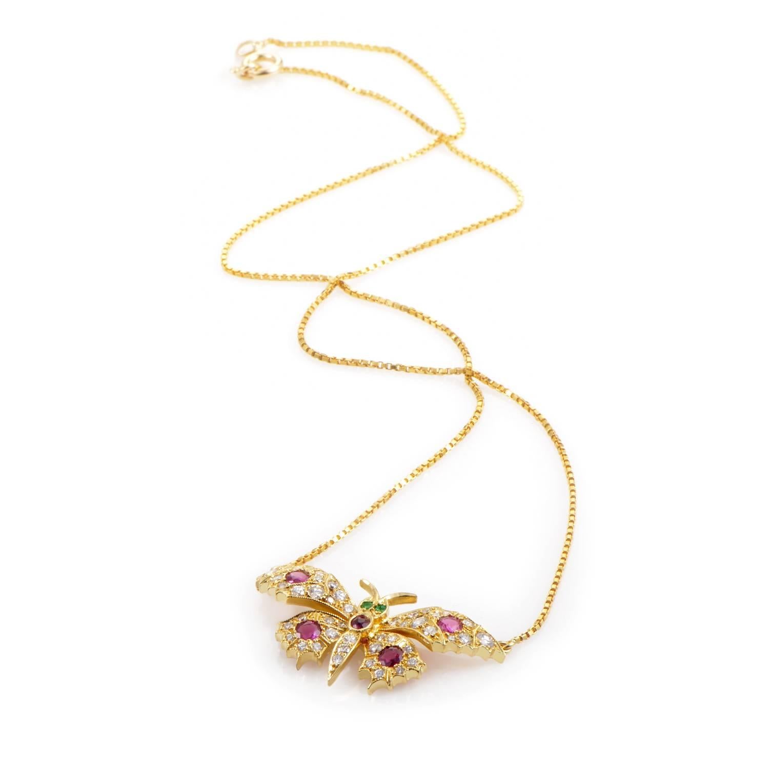 Garrard Precious Gemstone Gold Butterfly Necklace In Excellent Condition In Southampton, PA