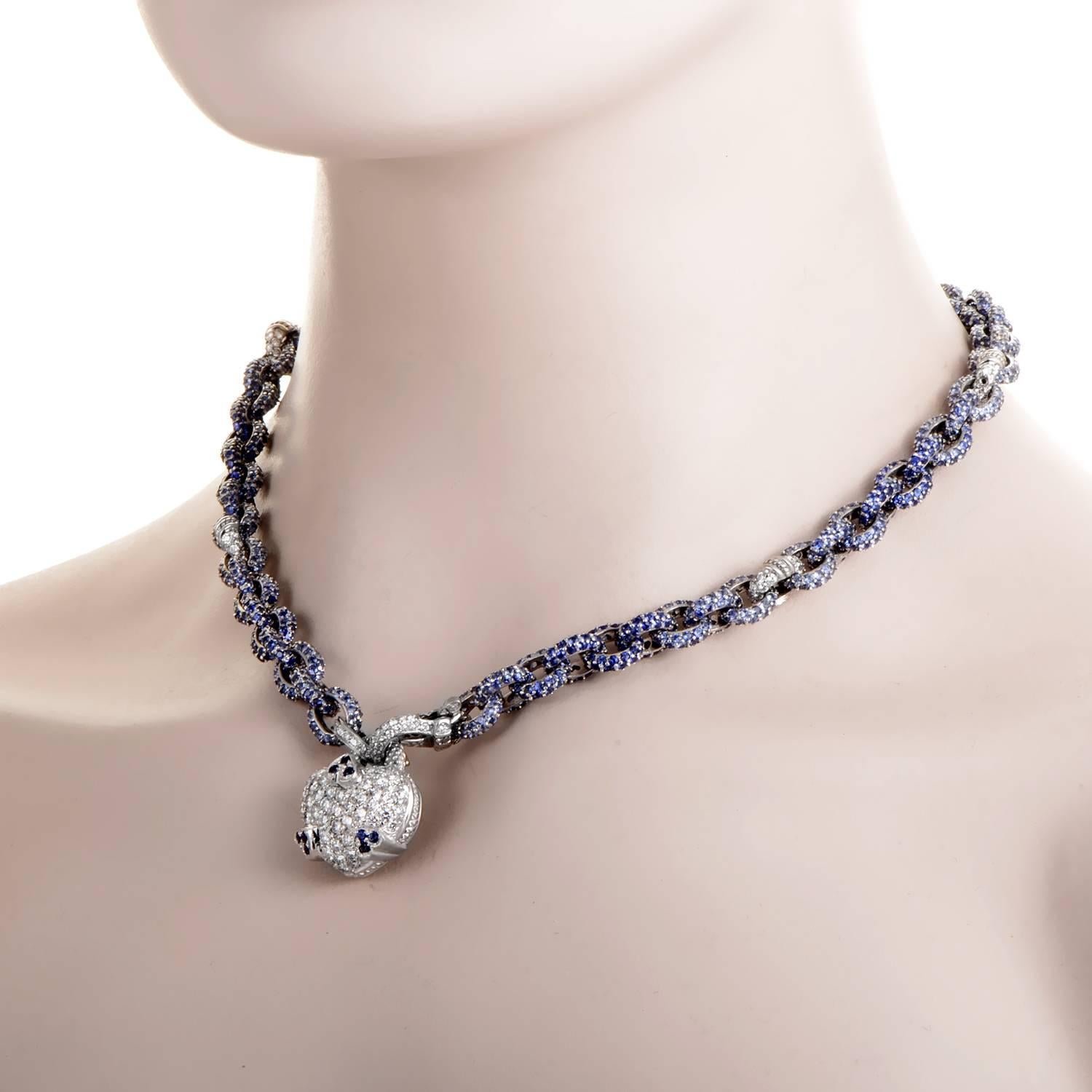 Precious gemstones take center stage in this decadent design from Judith Ripka. The necklace is made of 18K white gold and features links paved with sapphires and diamonds. Lastly, a heart-shaped pendant dangles from the necklace and is also paved