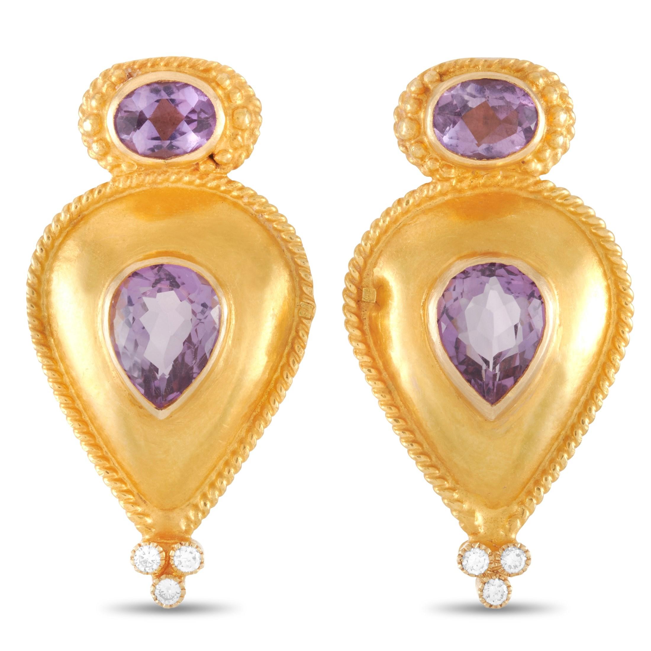 LB Exclusive 18 Karat Yellow Gold 0.30 Carat Diamond and Amethyst Earrings In Excellent Condition In Southampton, PA