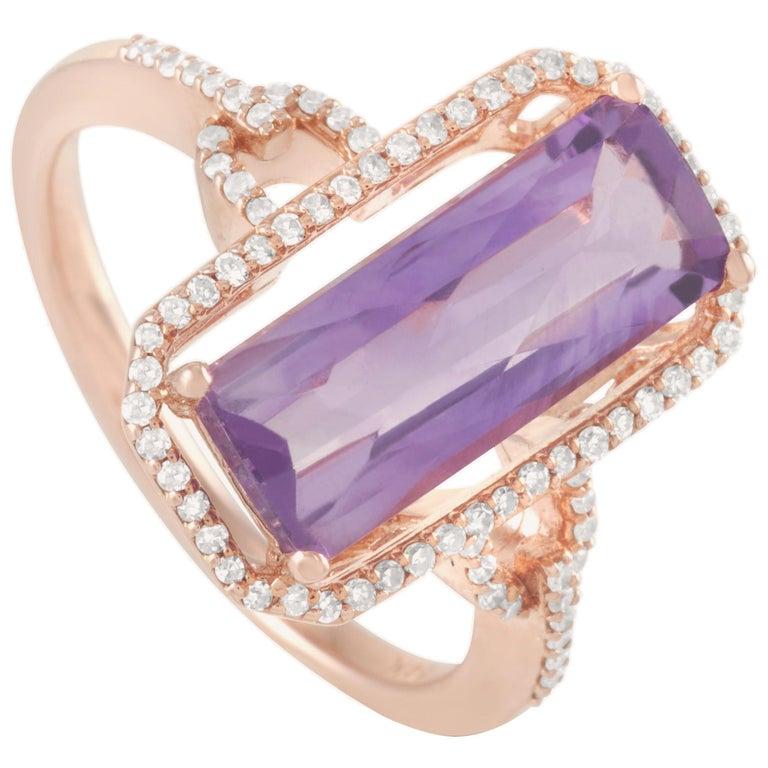 LB Exclusive 14 Karat Rose Gold 0.23 Carat Diamond and Rectangular Amethyst Ring In New Condition In Southampton, PA