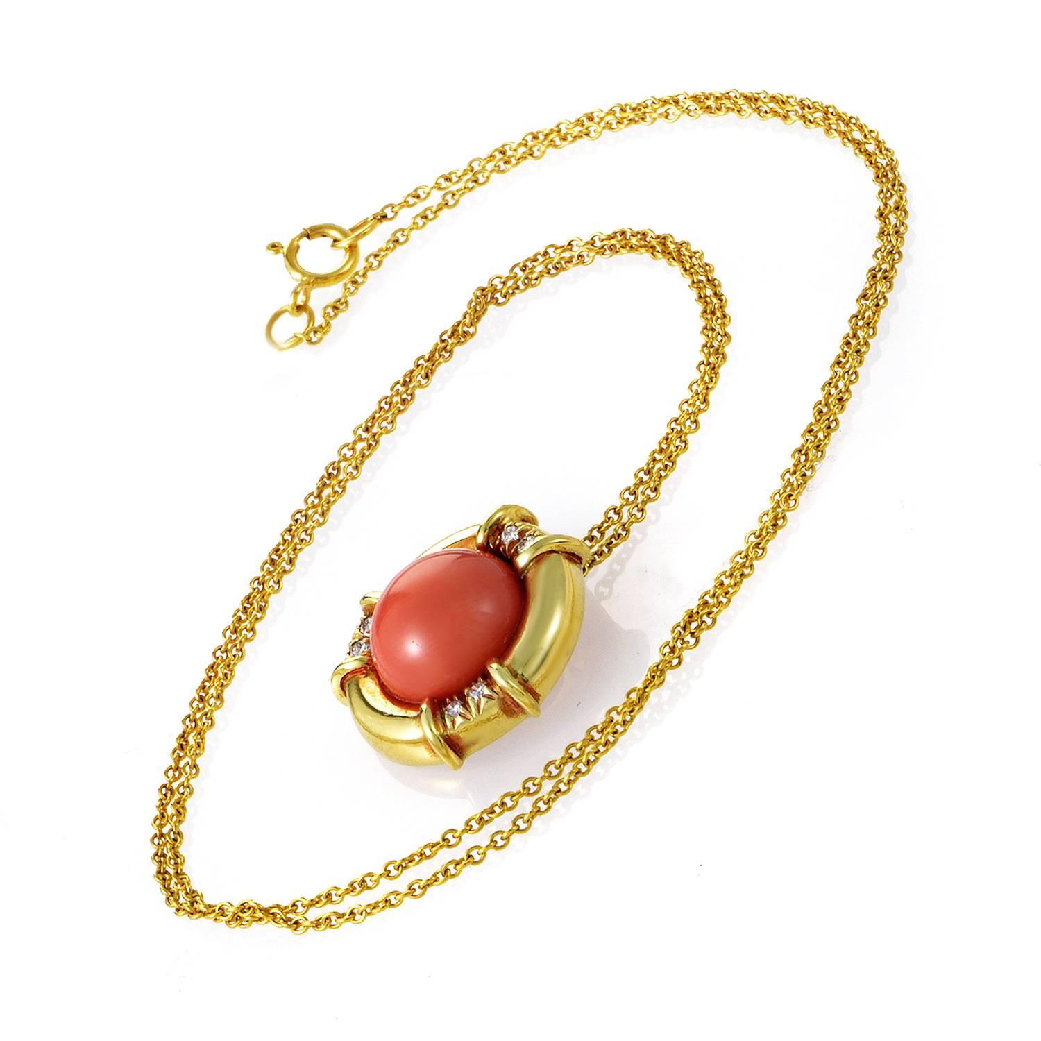 Tiffany creates a swell of style in this eye-catching pendant necklace. 18K Gold drops in a fine chain before gathering into a smooth frame for a burst of coral. Adding to the perimeter's luxurious charm are the three pairs of 0.10 diamonds set