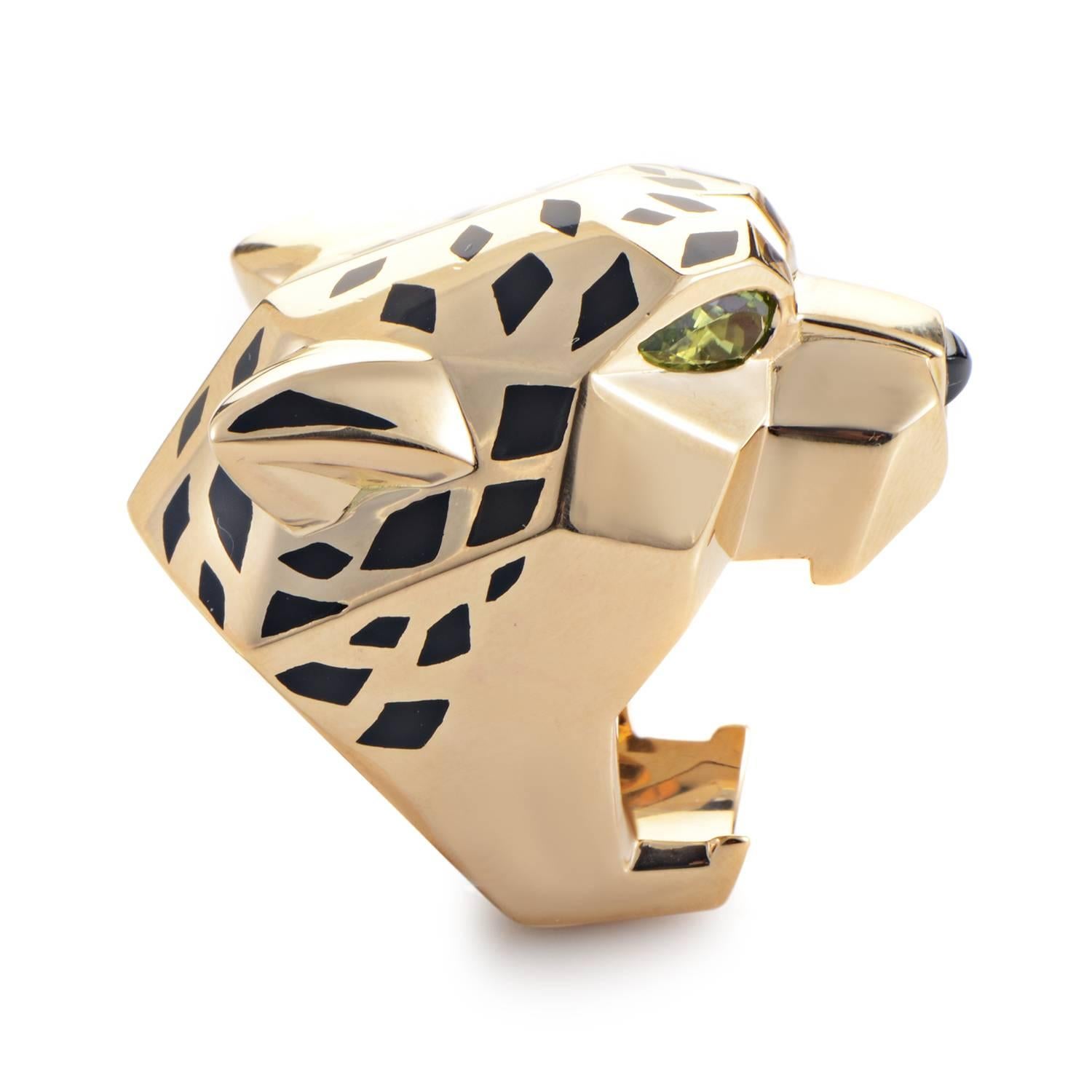 The emblematic panther has been an important part of Cartier's designs since 1914. This fiercely fashionable design from the Panthère de Cartier collection is made of 18K yellow gold and boasts an almost faceted look. The ring is covered with black
