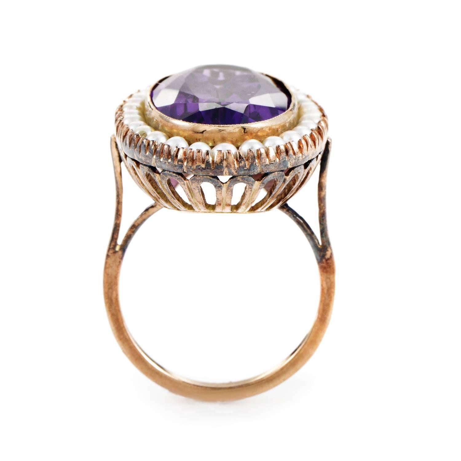 Antiker antiker Amethyst-Perlen-Goldring im Zustand „Gut“ in Southampton, PA