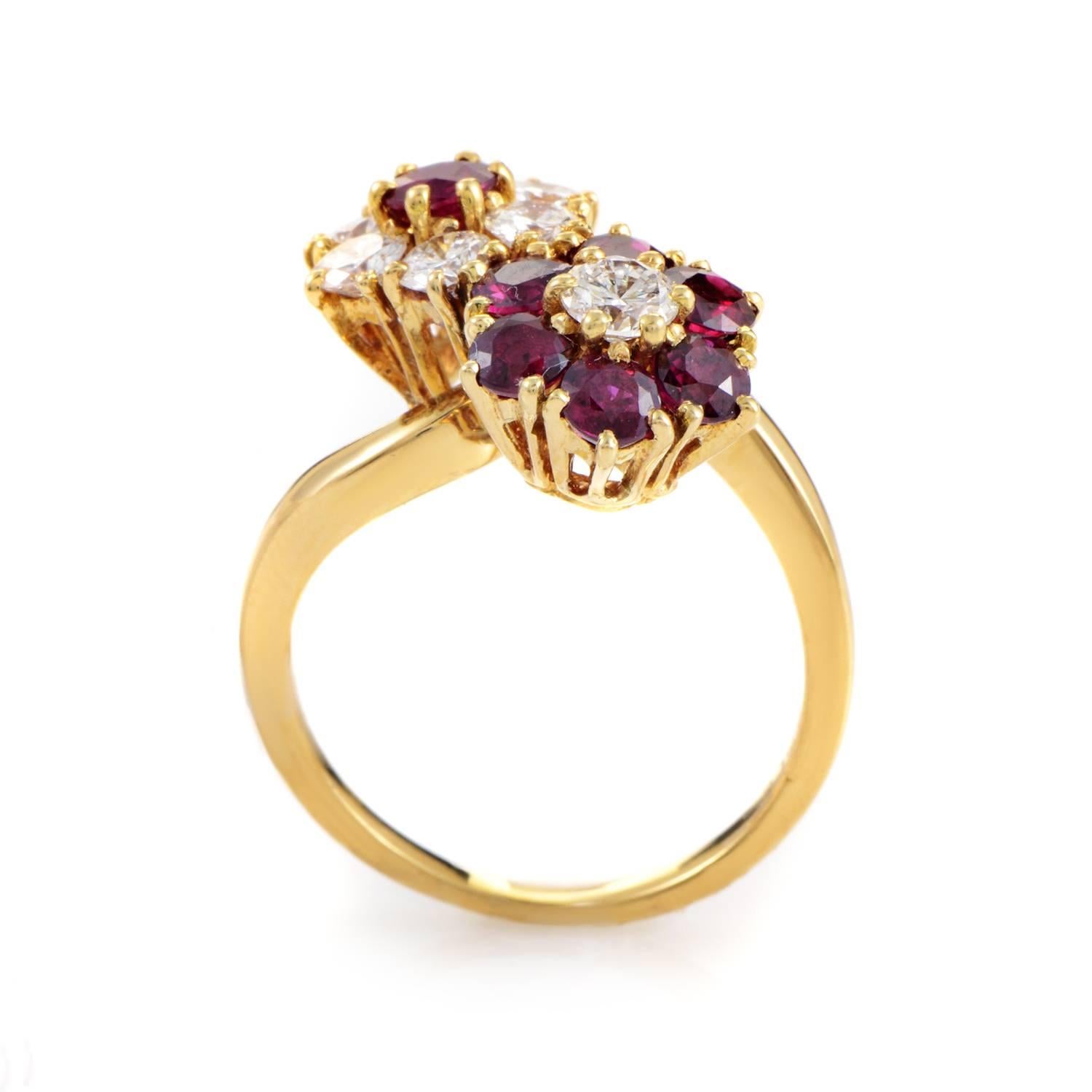 Creating a spellbinding sight to behold, the lovely rubies totaling approximately 1.00 carat and sparkling diamonds amounting approximately to also 1.00 carat sit on top of a beautiful 18K yellow gold body in this exceptional ring from Van Cleef