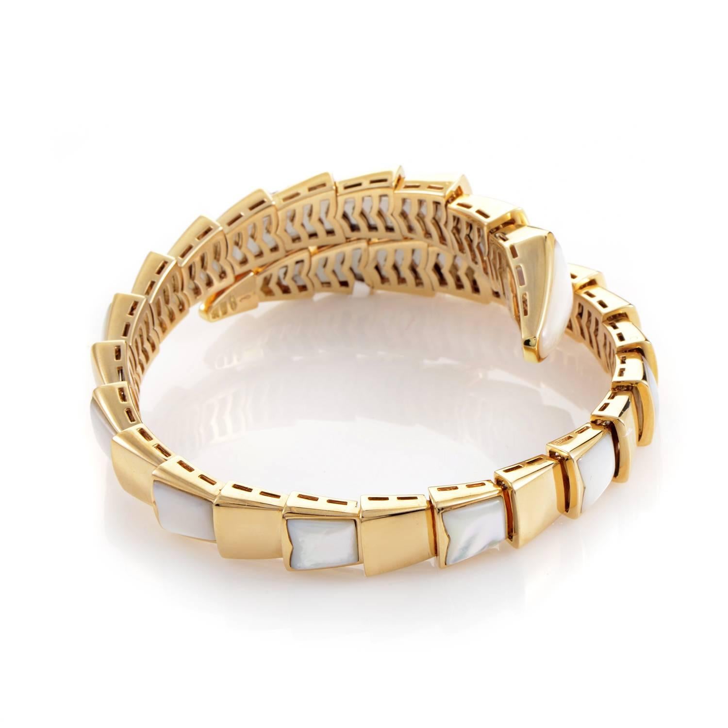 A continuous arrangement of intriguingly shaped segments produces alluring dynamic effect in this astonishing bracelet from Bulgari, leading your eye across the shimmering 18K yellow gold and delightful mother-of-pearl inserts.
Retail Price: