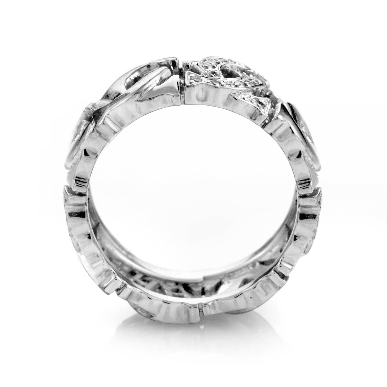 Boasting a never-ending loop of attractively stylized symbols, this outstanding ring from Cartier employs the glaring blend of gleaming 18K white gold and glittering diamonds for a special touch of sparkling allure.
Included Items: Manufacturer's
