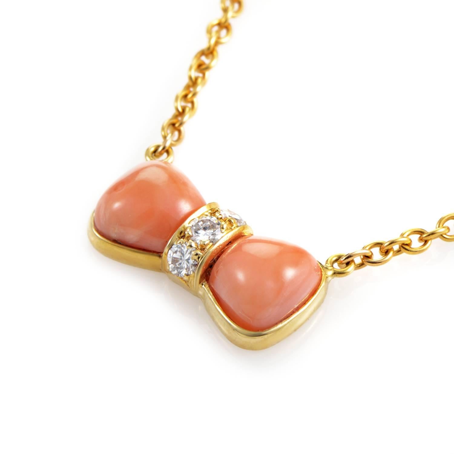 Van Cleef & Arpels Coral Diamond Gold Bow Necklace In Excellent Condition In Southampton, PA