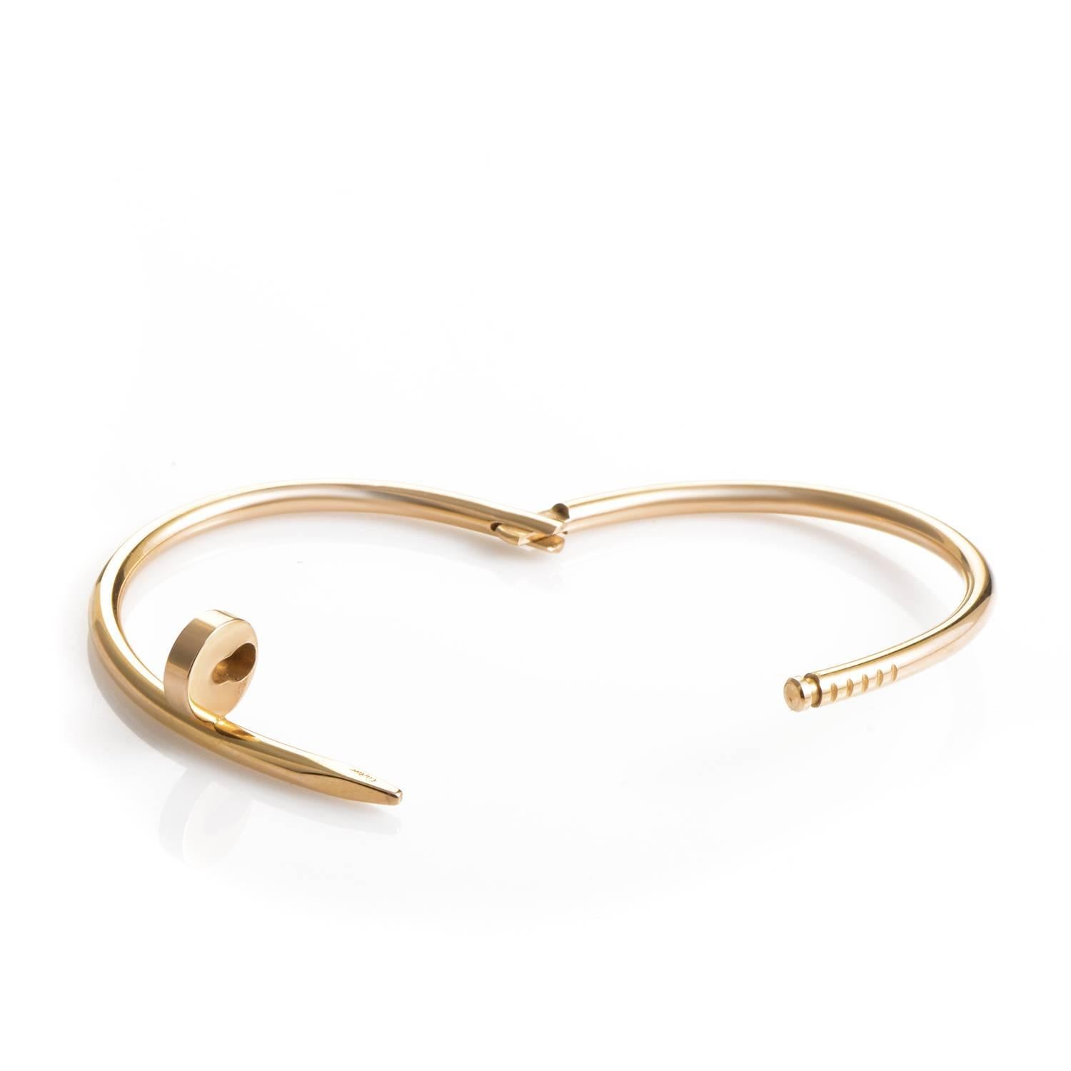 Made of impeccably crafted 18K yellow gold and offering irresistible appeal through its immaculate reflective surface, this stunning bracelet from Cartier combines subtle elegance with an imaginative design in the form of a nail.