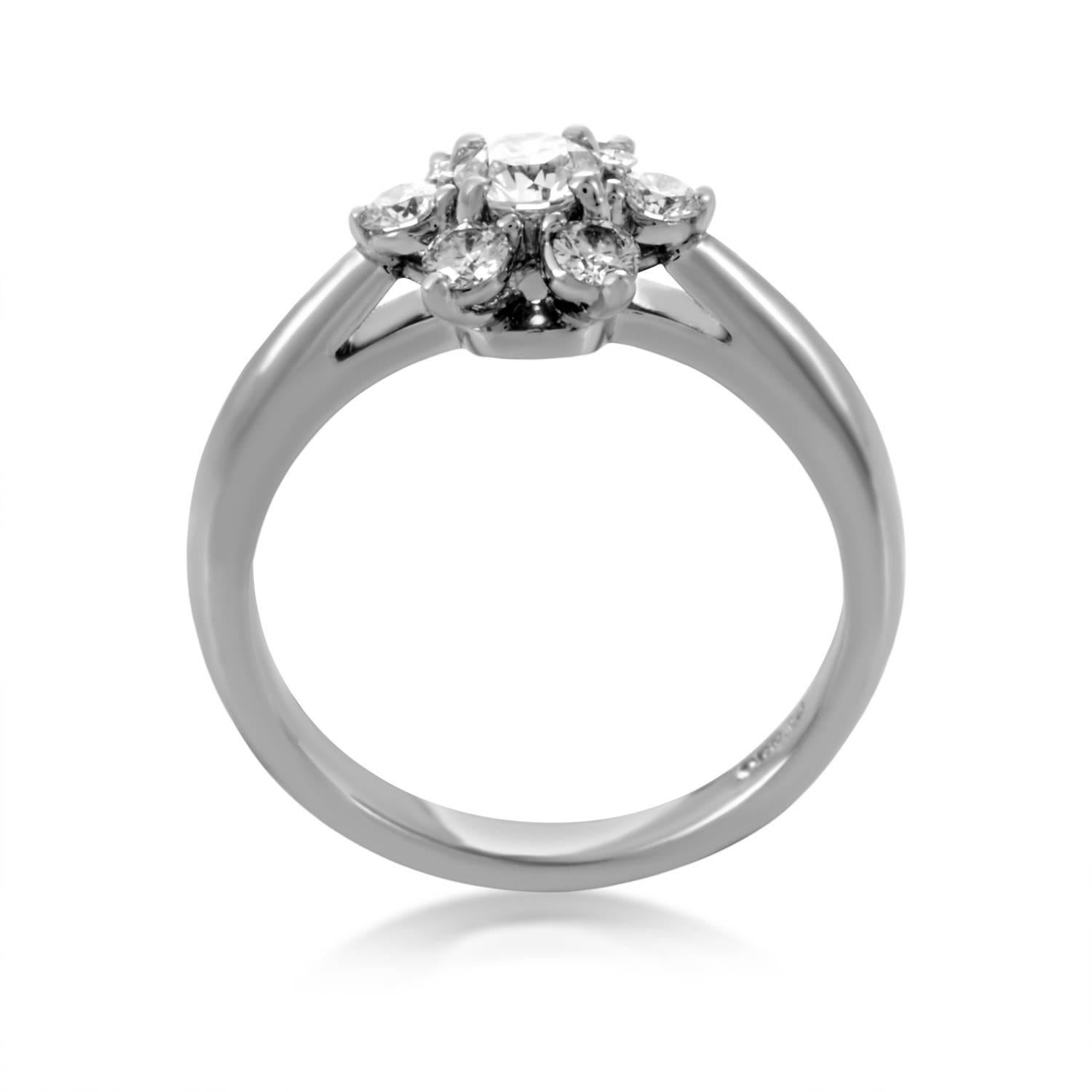 An elegantly neat and subtle platinum body serves as a worthy pedestal for a majestic arrangement of glistening diamonds weighing in total 0.50ct in this wonderfully alluring ring from Tiffany & Co.
Ring Size: 4.0, 5.25