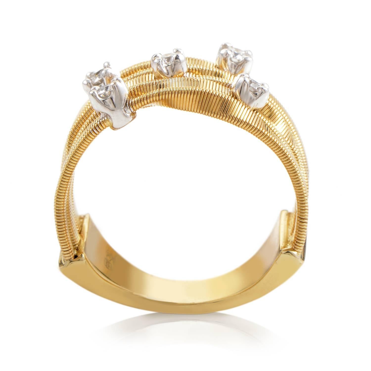 An astounding piece by Marco Bicego is distinguished in it beauty. The allure of finely crafted 18K yellow gold is artfully designed to give the illusion of multiple omega chain bands; each proudly displaying prong set diamonds that total ~.25ct of