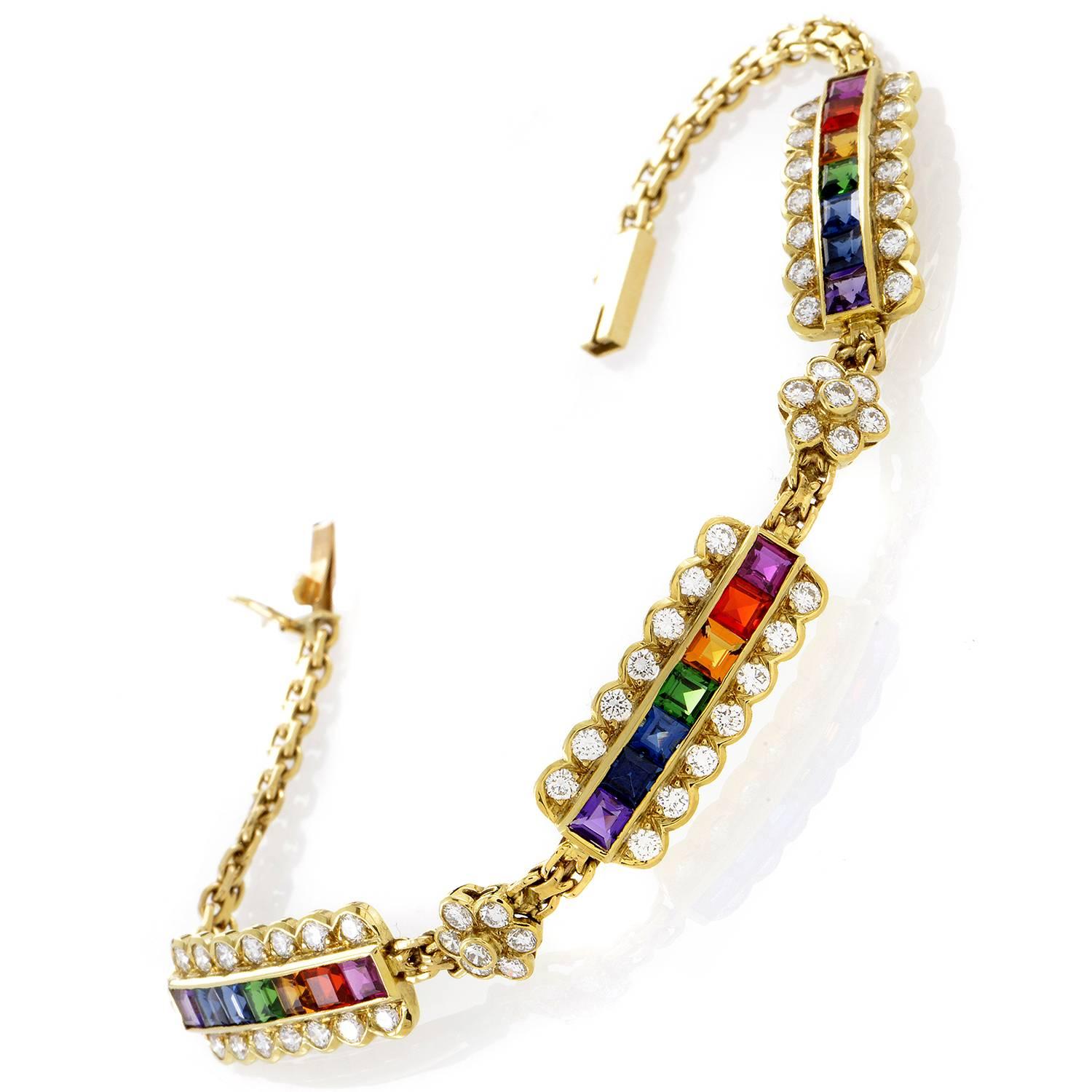 Employing the prestigious exuberance of 18K yellow gold and enchanting effervescence of multi-colored sapphires weighing in total 5.00 carats, this gleeful bracelet from Asprey is also adorned with the brilliant sparkle of diamonds totaling 2.50