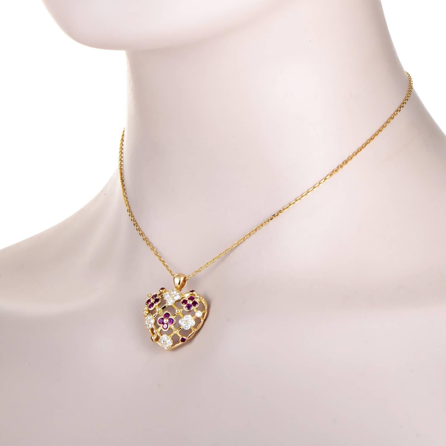 Combining the ever-enchanting form of a heart with delicate floral ornaments in gem stones, this charming necklace from Van Cleef & Arpels is made of 18K yellow gold and adorned with lovely rubies totaling 0.75ct and glistening diamonds weighing in