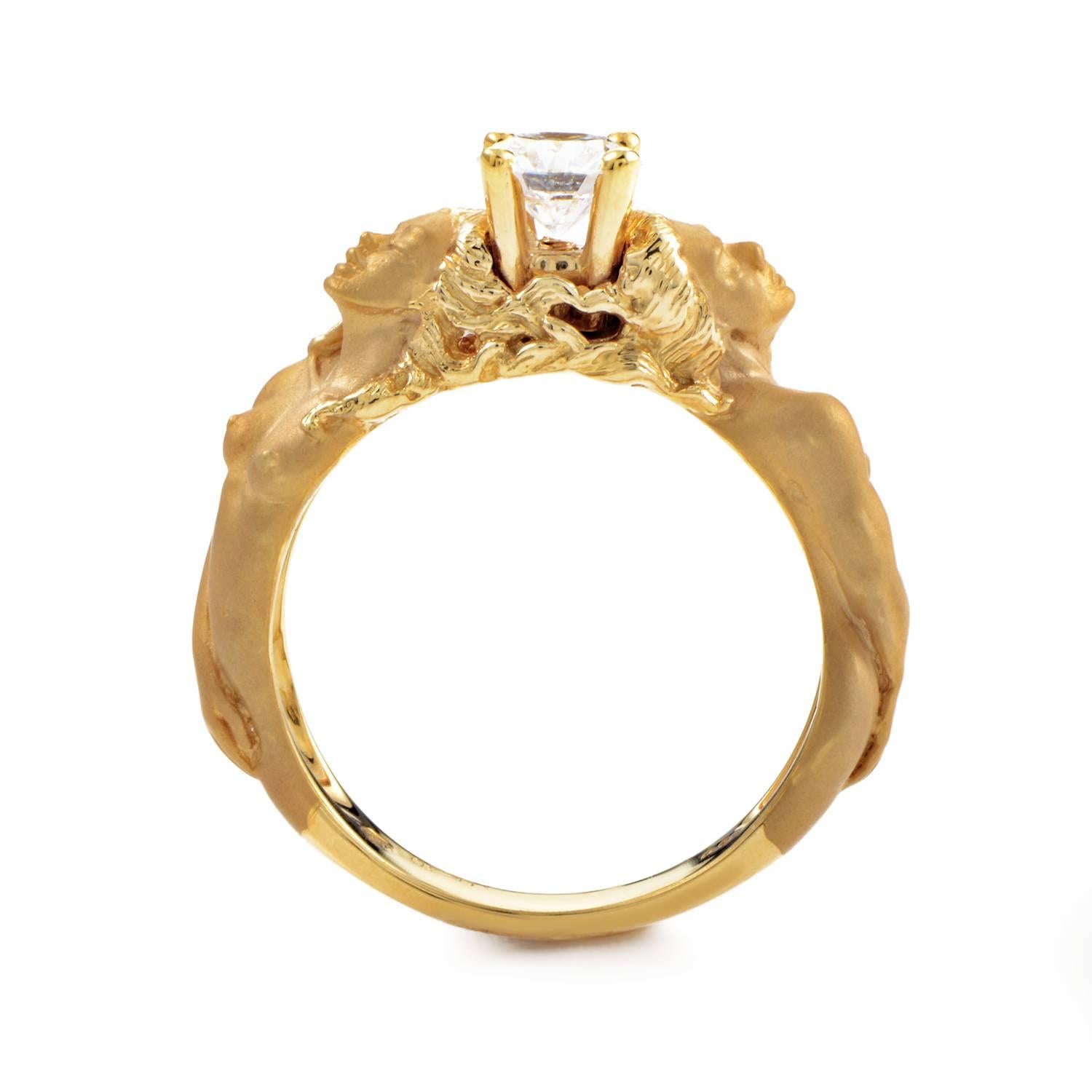 Artistic and daring in a spellbinding manner, this extraordinary 18K yellow gold ring from Carrera y Carrera is crafted to mesmerizing perfection into an intriguing shape, while a fascinating 0.52ct diamond radiates its luxurious luster on the top