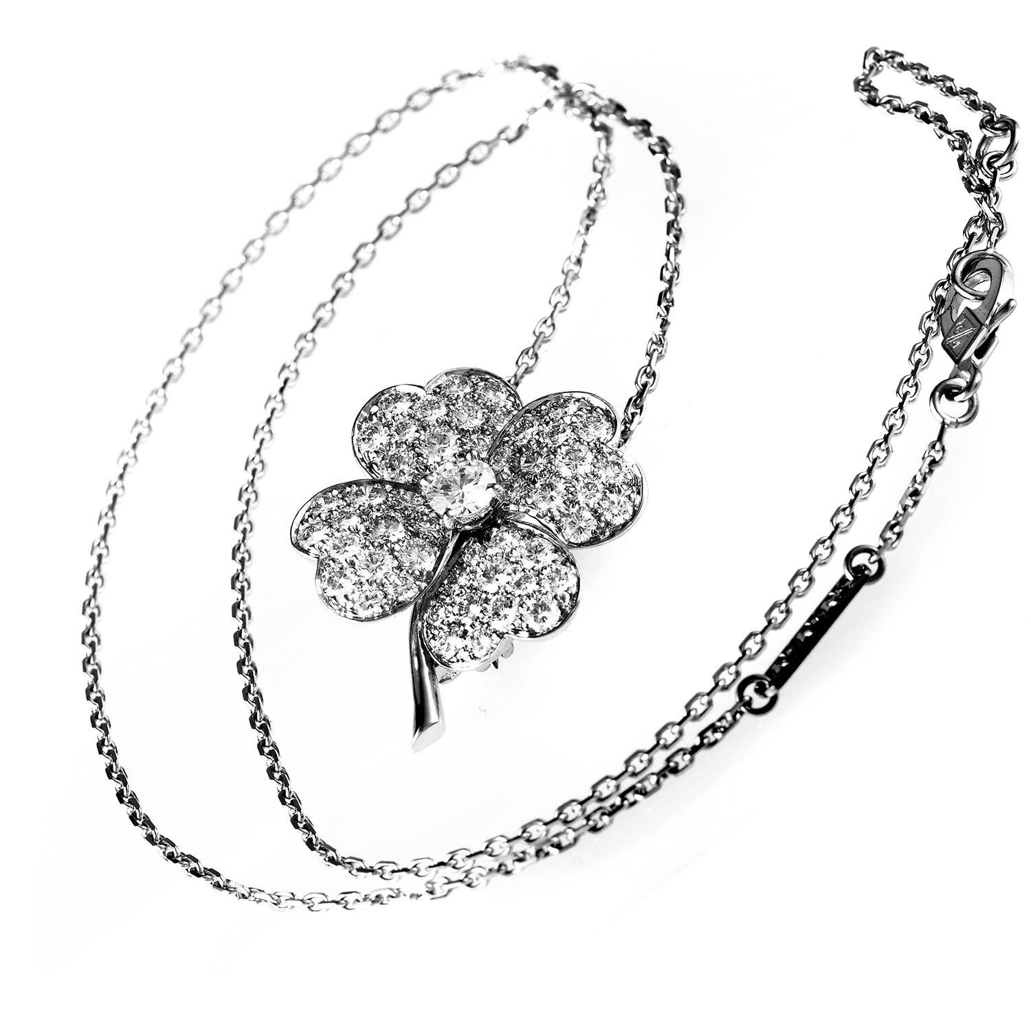 A symbol of luck and fortune takes on luxurious sparkle in this riveting necklace from Van Cleef & Arpels. 18K White Gold trickles down, its links converging upon a clover motif. Here the precious metal stirs into four separate leaves, their fine