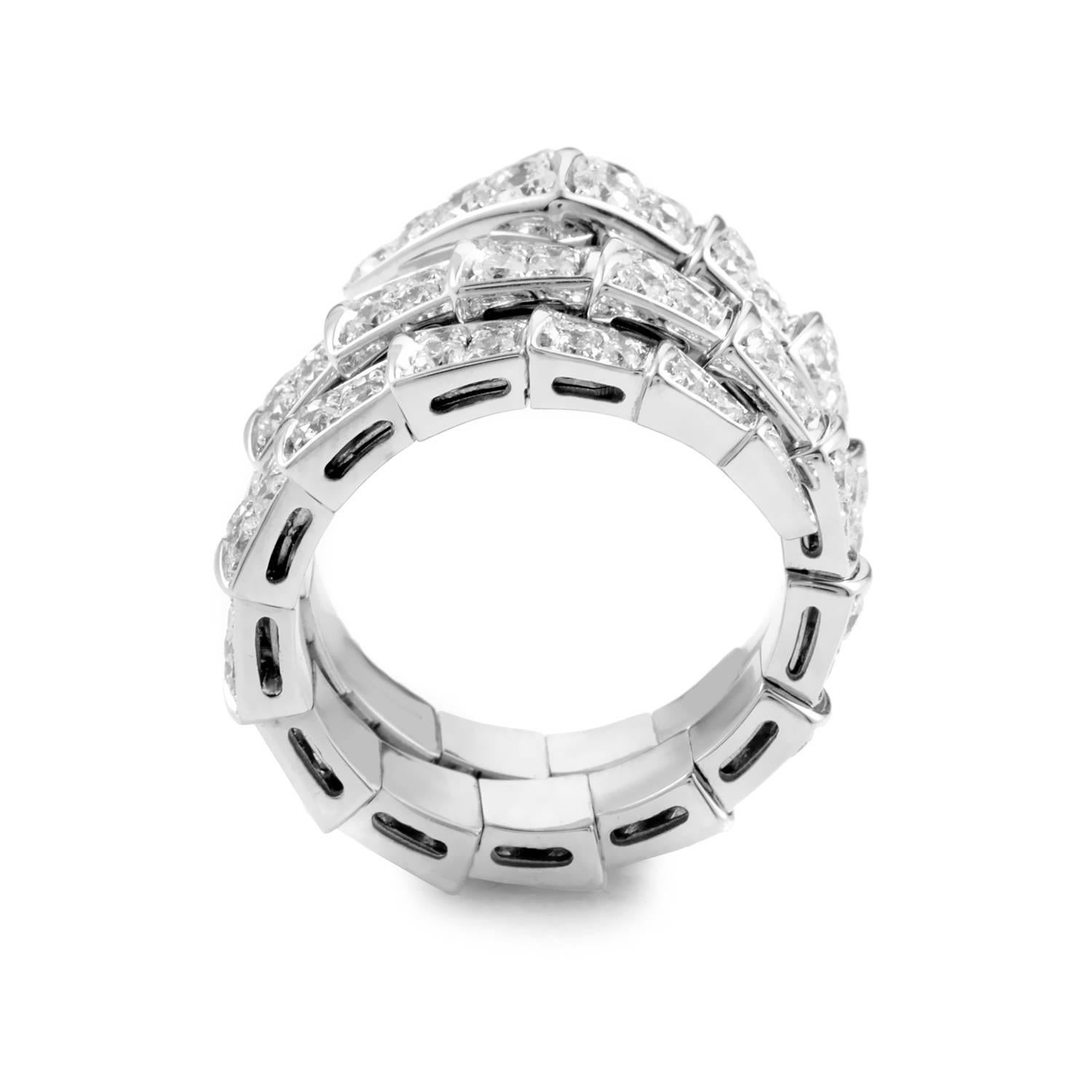 This bold and breathtaking design from Bulgari is for the lady that dares to be different. This ring from the Serpenti collection is made of 18K white gold and boasts a sumptuous full 2.90ct diamond pave. Absolutely breathtaking!
Included Items: