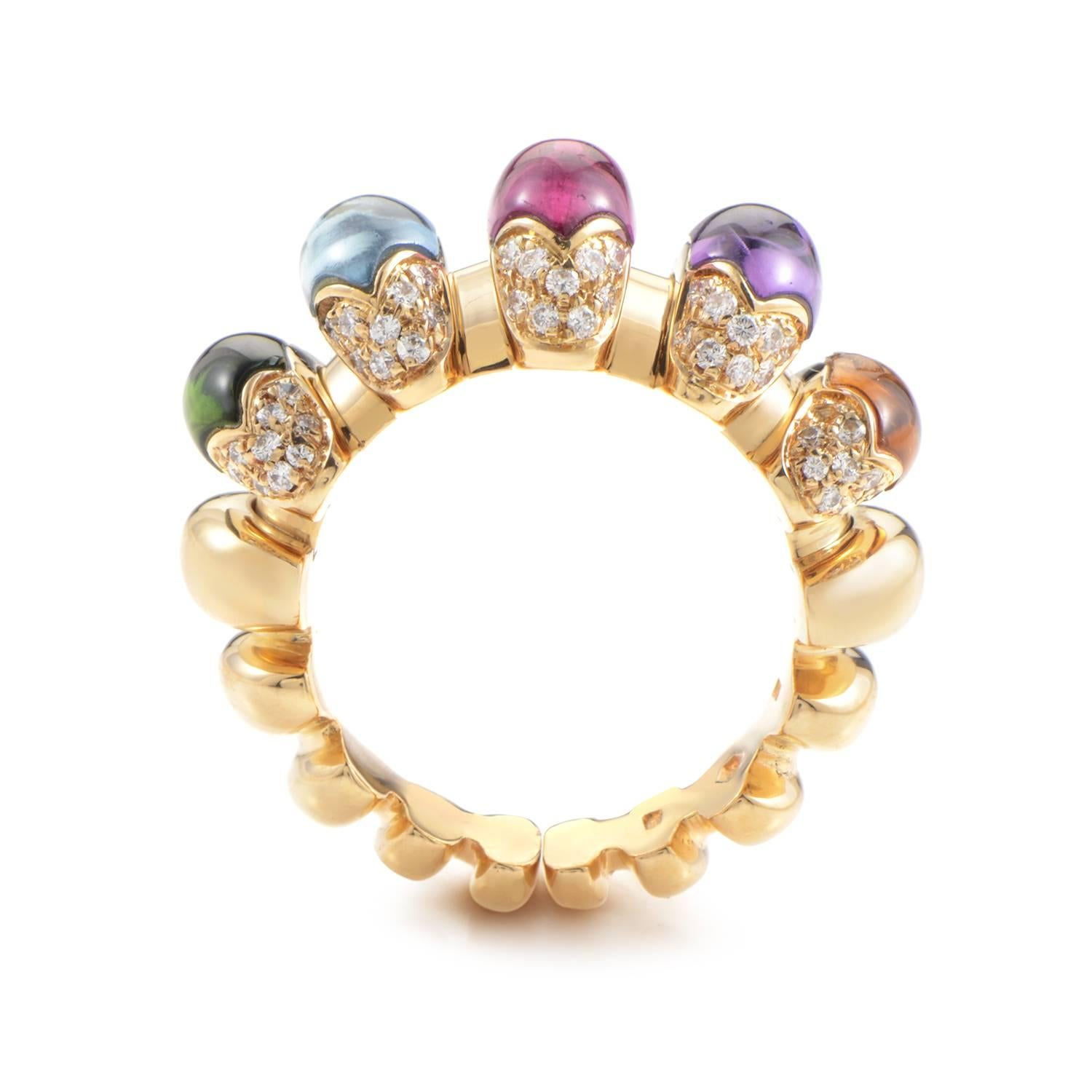 The Celtica collection from Bulgari is renowned for its glamorously designed and gorgeously colored pieces. This ring from the collection is made of 18K yellow gold and boasts a magnificent myriad of gemstones including peridot, blue topaz, pink