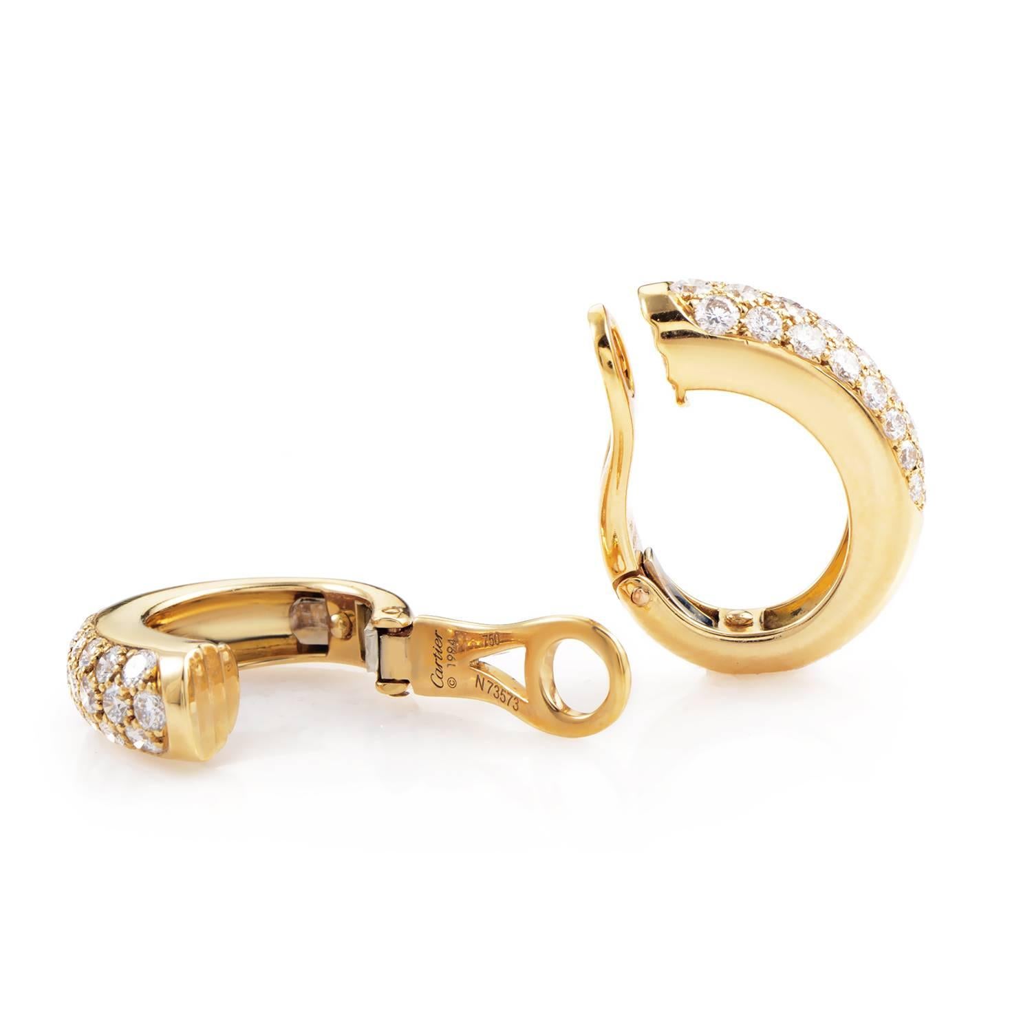 Simple and sweet are the perfect words to describe this pair of clip-on earrings from Cartier. The earrings are made of 18K yellow gold and are set with a 1.50ct partial diamond pave.

Included Items: Manufacturer's Box