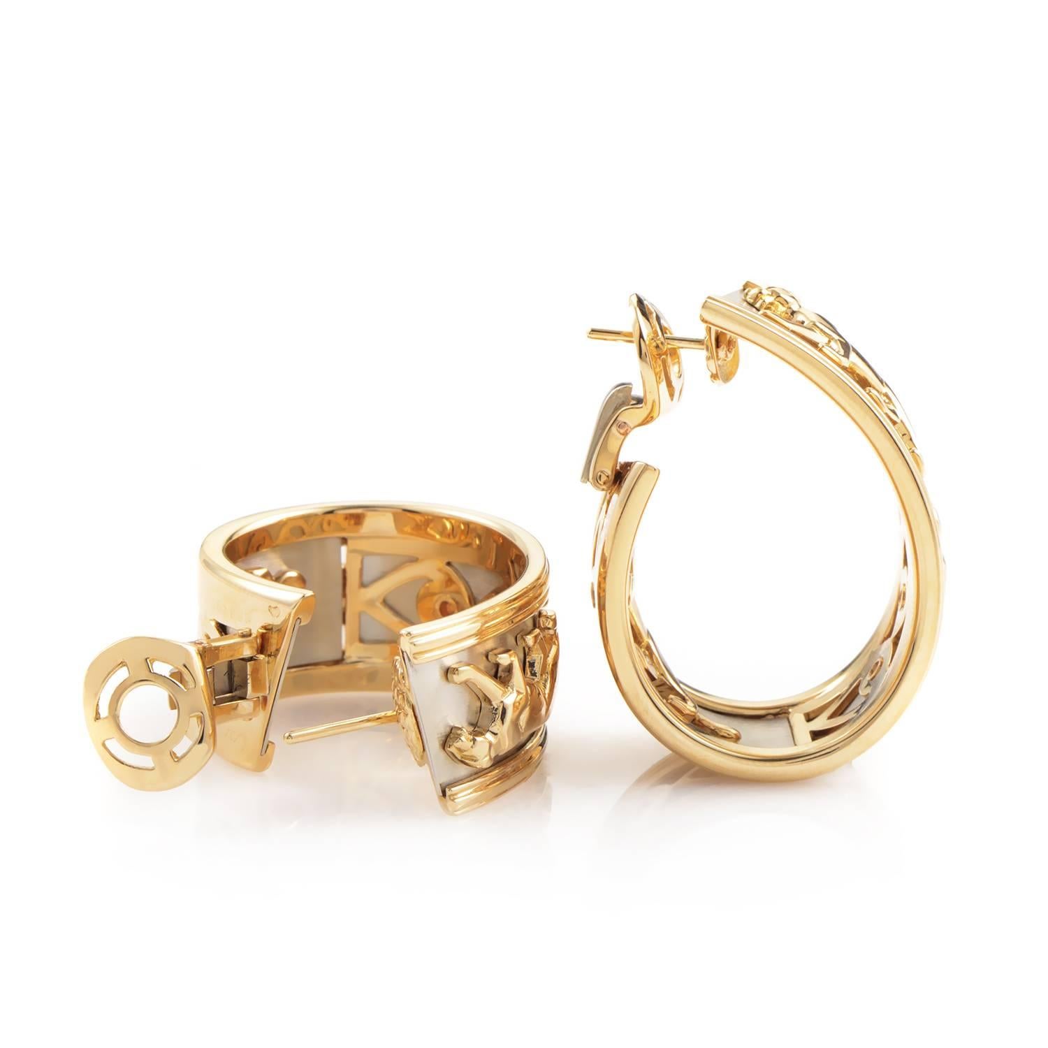 Cartier's Panthere collection is renowned for its fierce and sassy designs that bring out the wearer's wild side. This pair of earrings from the collection boast a design made of 18K white and yellow gold featuring panthers on the prowl all over