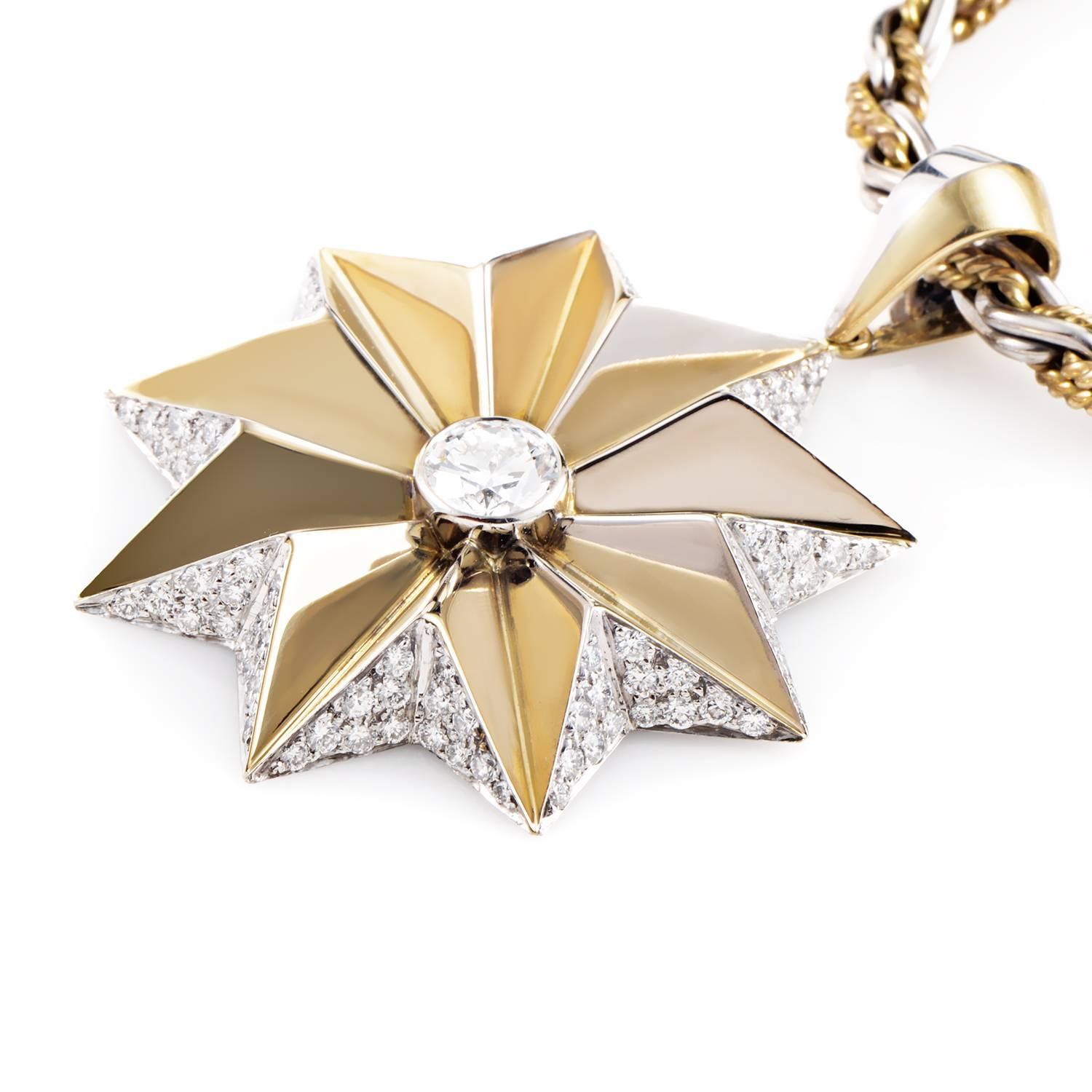 Shine bright with this festive design from Garrard! The necklace is made of a combination of 18K yellow and white gold and features a pendant made of the same materials. The pendant is accented with shimmering diamonds, including a 1.50ct diamond