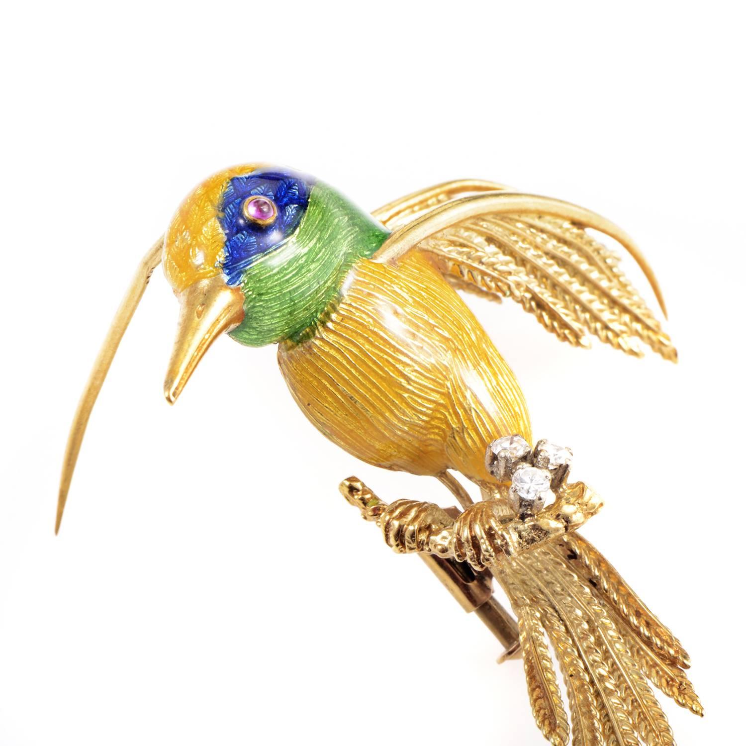 Tropical colors and precious stones accentuate the glorious flutter of 18K Yellow Gold in the design of this brooch. The 18K Yellow wings unfold with delicate detail. The precious metal extends throughout the rest of this petite body under a