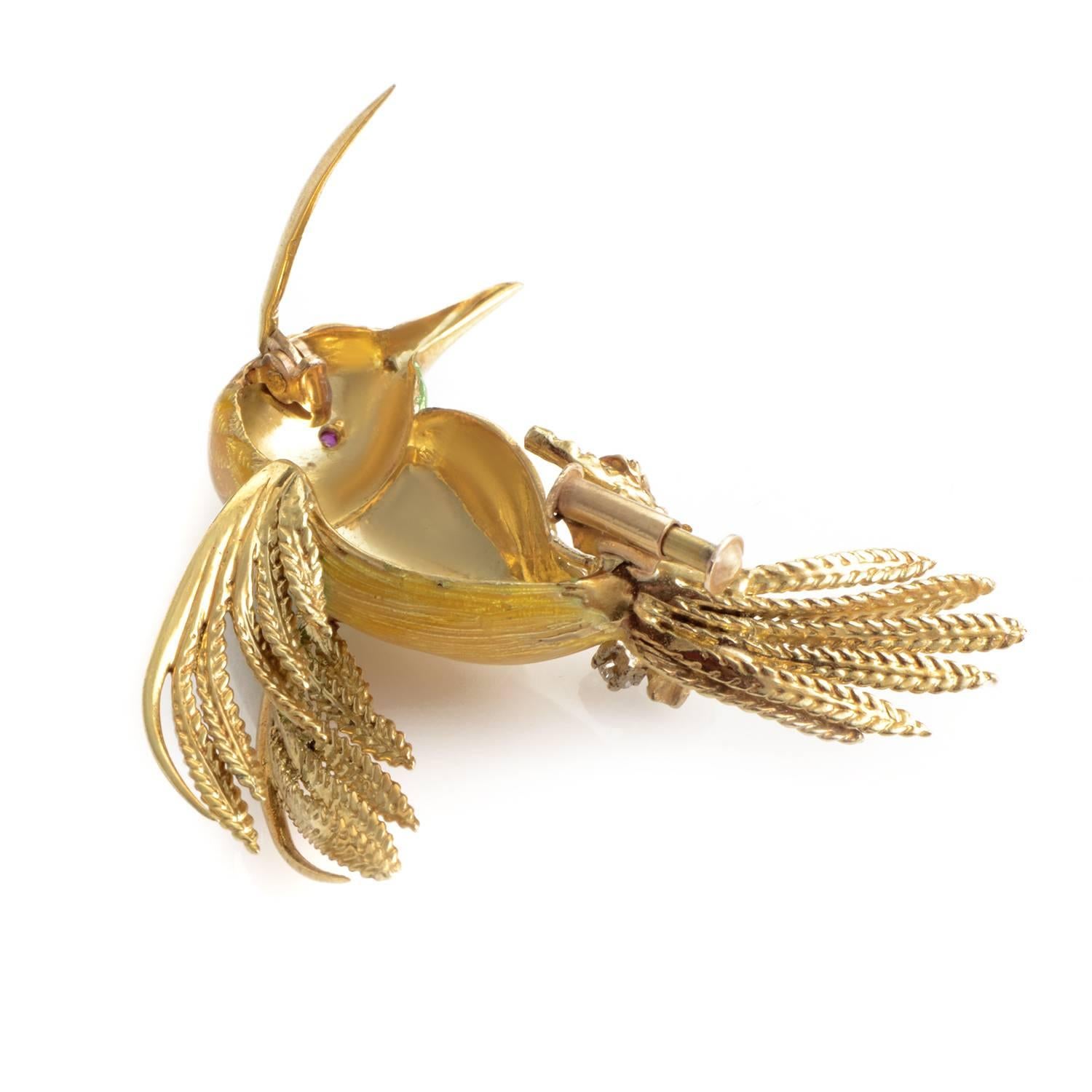 Yellow Gold Enamel and Precious Gemstone Hummingbird Brooch In Excellent Condition In Southampton, PA
