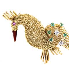 Enamel Precious Gemstone Gold Peacock Brooch