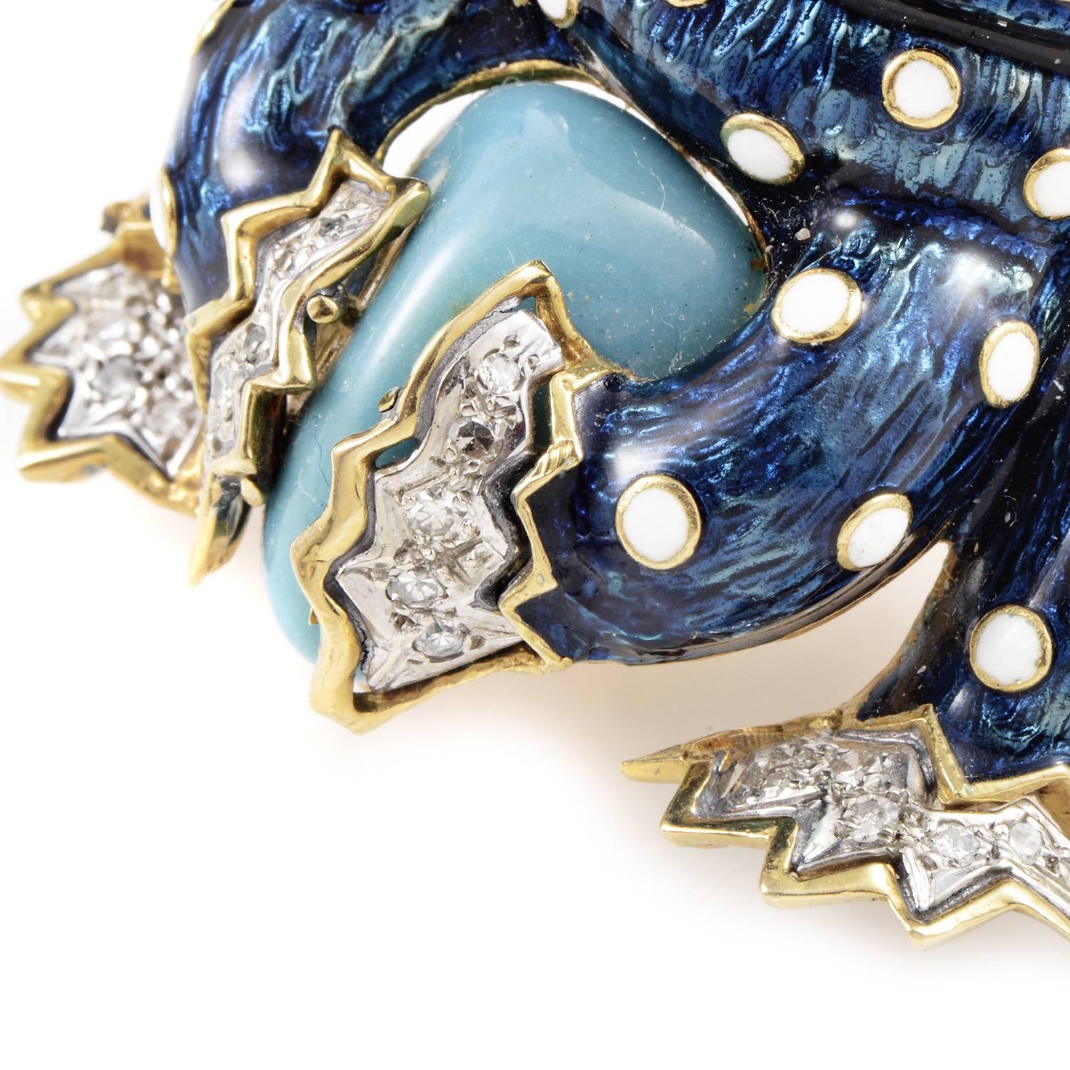 Amphibious nature takes on luxurious charm with this beautiful frog brooch. A speckled coat of rich blue enamel encompasses the frog's body. Threads of 18K Yellow Gold frame flourishes of 18K White Gold under 0.50ct diamonds, while the eyes shine