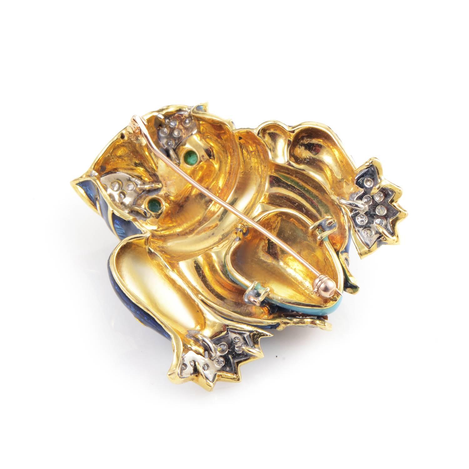 Gemstone Enamel Diamond White and Yellow Gold Frog Brooch In Excellent Condition In Southampton, PA