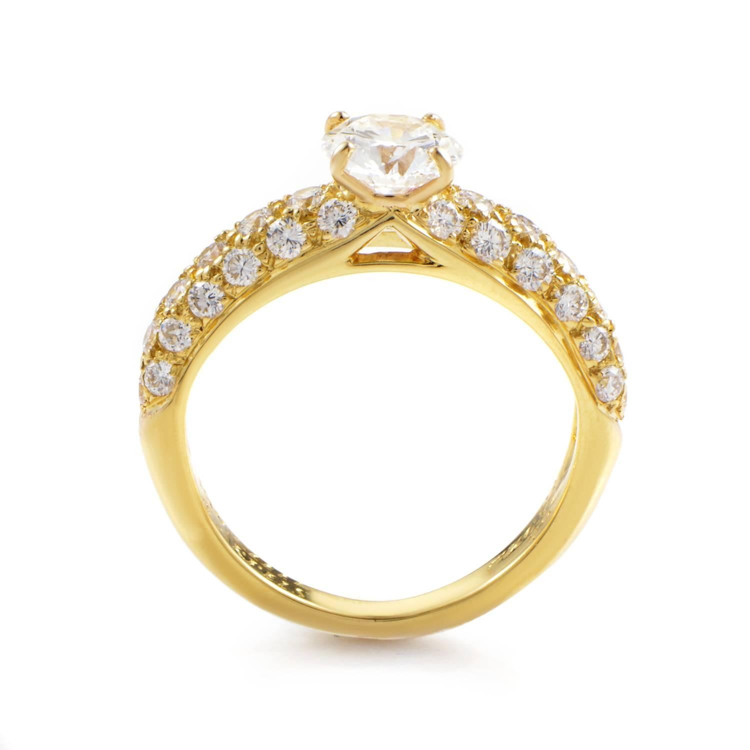 Petite perfection is delivered in style with this engagement ring from Van Cleef & Arpels. The band is a narrow stream of 18K Yellow Gold. Its ascent turns under the glamorous sparkle of 0.75ct diamonds, their threads converging at the peak where