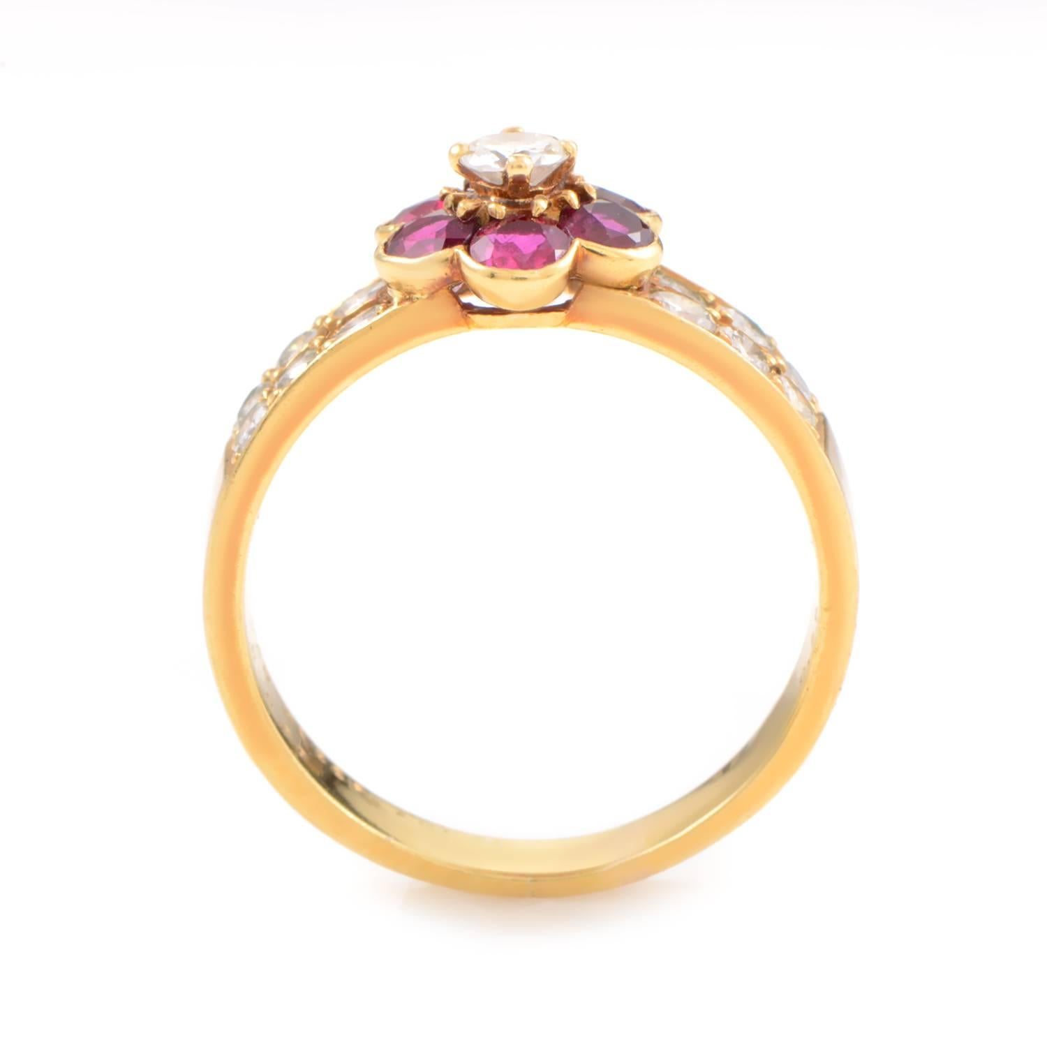 Van Cleef & Arpels is renowned for their famous designs that feature delicate floral motifs. This ring from the brand is made of 18K yellow gold and features shanks set with two rows of diamonds. Perched atop the ring is an adorable flower with