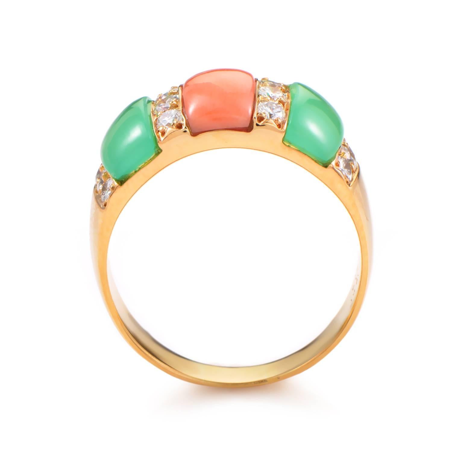 Pretty pastel colors surrounding a band of gold make this ring a truly decadent design. The ring is forged from 18K yellow gold and is accented with chrysoprase and coral. Lastly, .64ct of diamonds give the ring an additional hint of luxury.
Ring