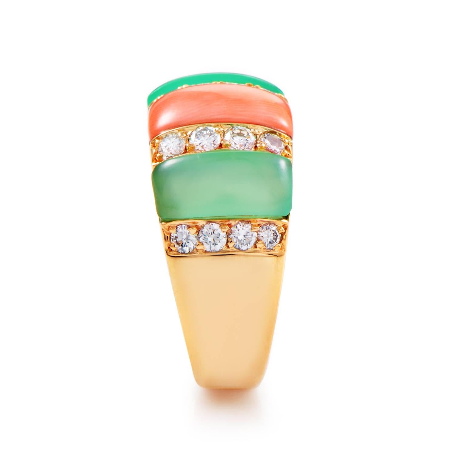 Van Cleef & Arpels Diamond Coral and Chrysoprase Gold Ring In Excellent Condition In Southampton, PA