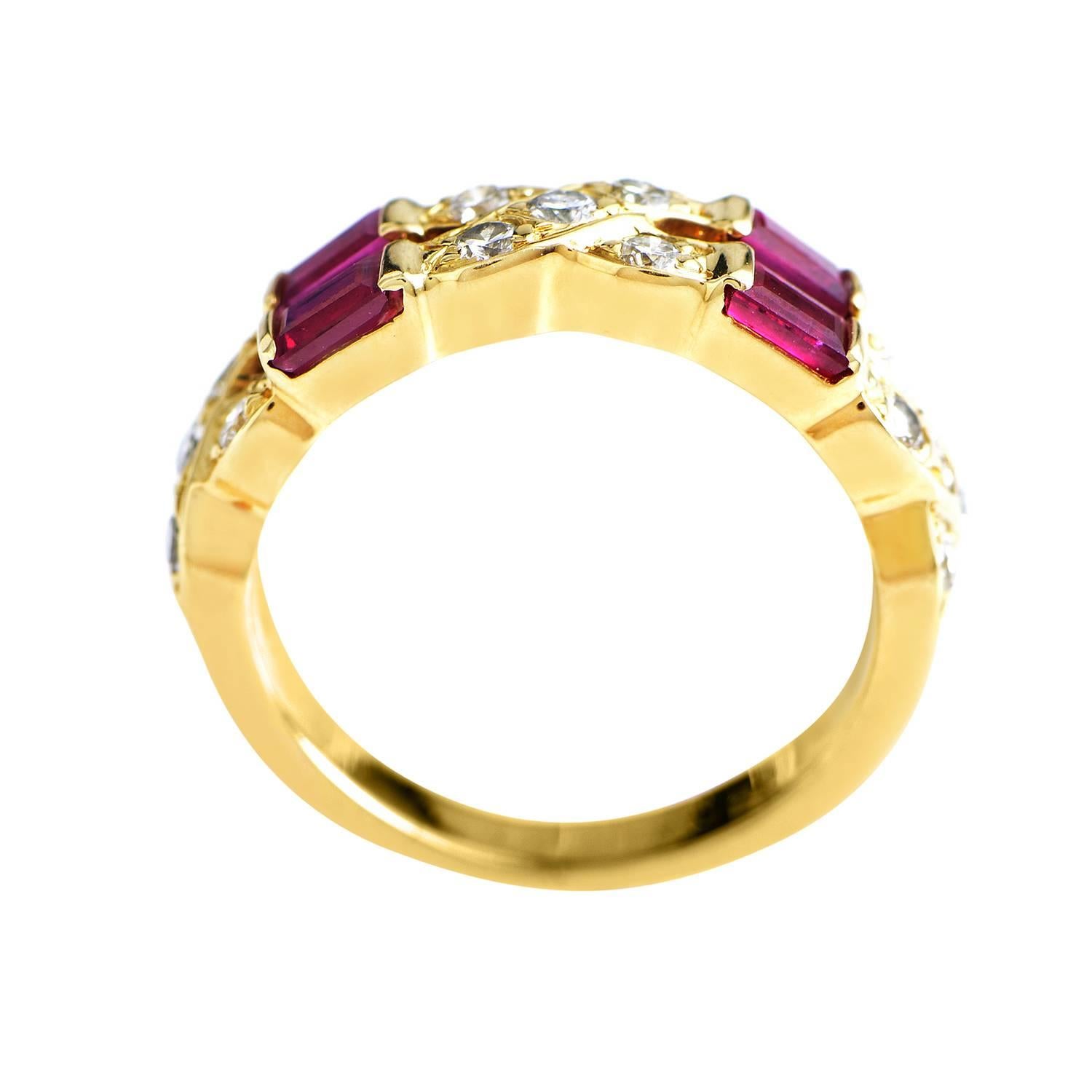This Tiffany & Co. diamond and ruby ring is glamorous and eye catching. The 18K yellow gold ring boasts a split shank that intertwines in the front, presenting and intriguing base for the ~.35ct of diamonds that dazzle from the v-prong settings that