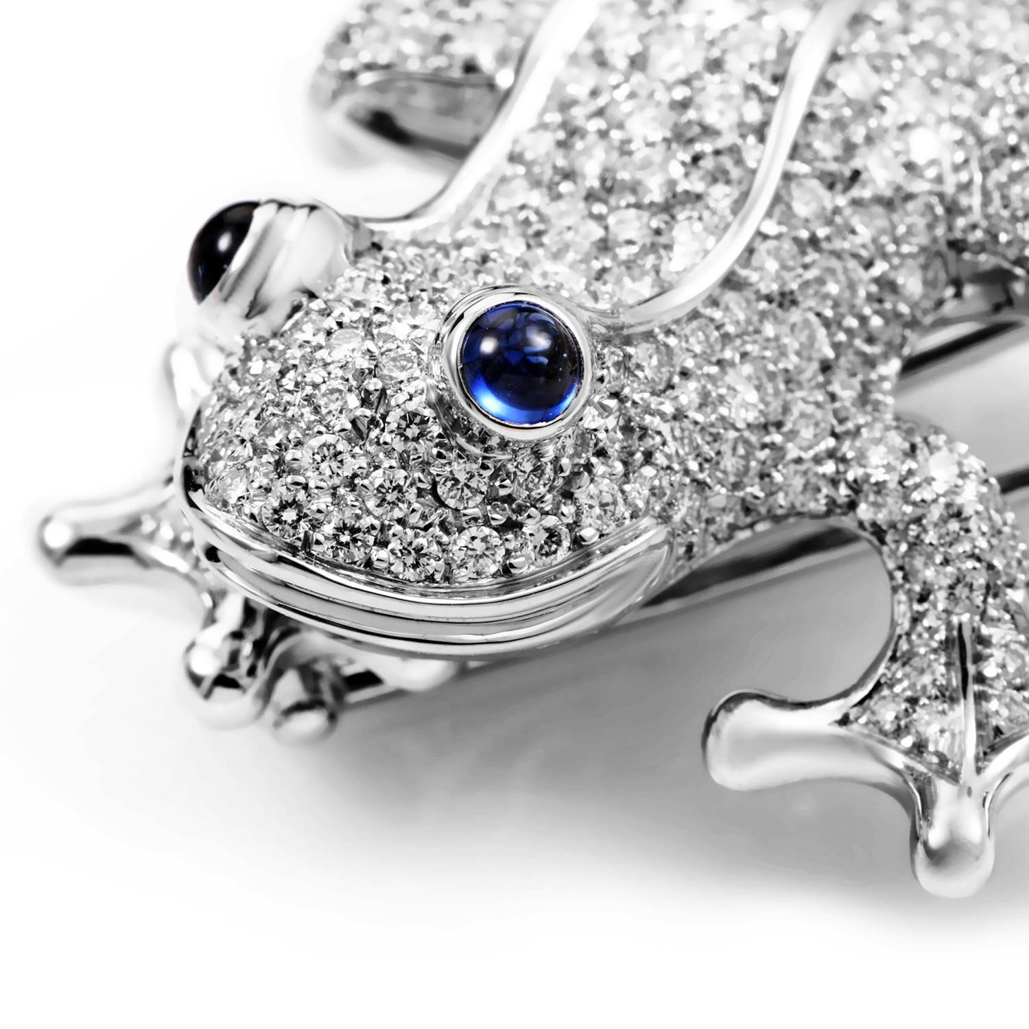 Made of prestigious 18K white gold with splendid design in shape of a frog, this offbeat Chanel brooch is attractive and stylish. The body of the brooch is paved with approximately 5.00 carats of diamonds while the eyes are set with two magnificent