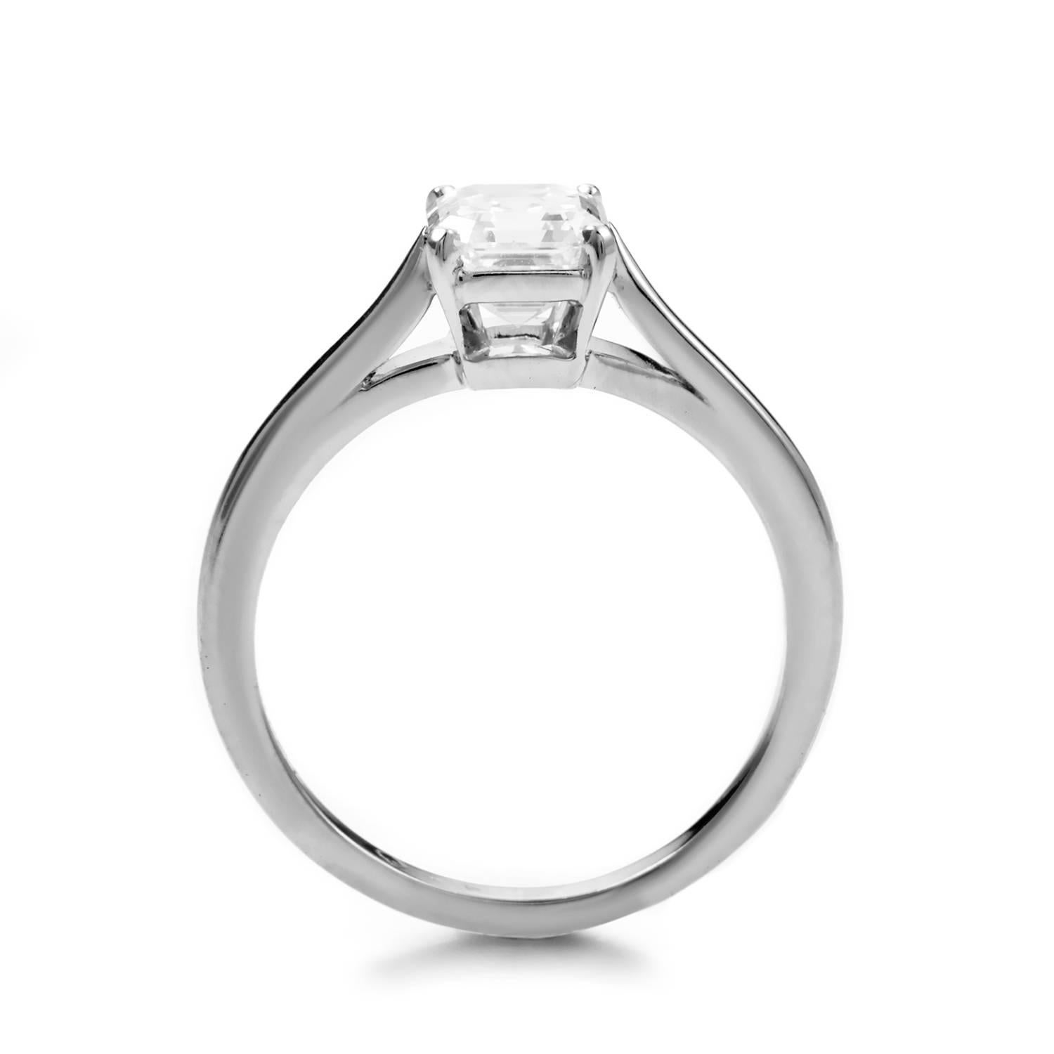 An epitome of graceful elegance and subtle luxury, this marvelous design from Van Cleef & Arpels is made of prestigious platinum and boasts a fascinating 1.04ct diamond stone, offering charming, delicate appearance of a well-designed engagement