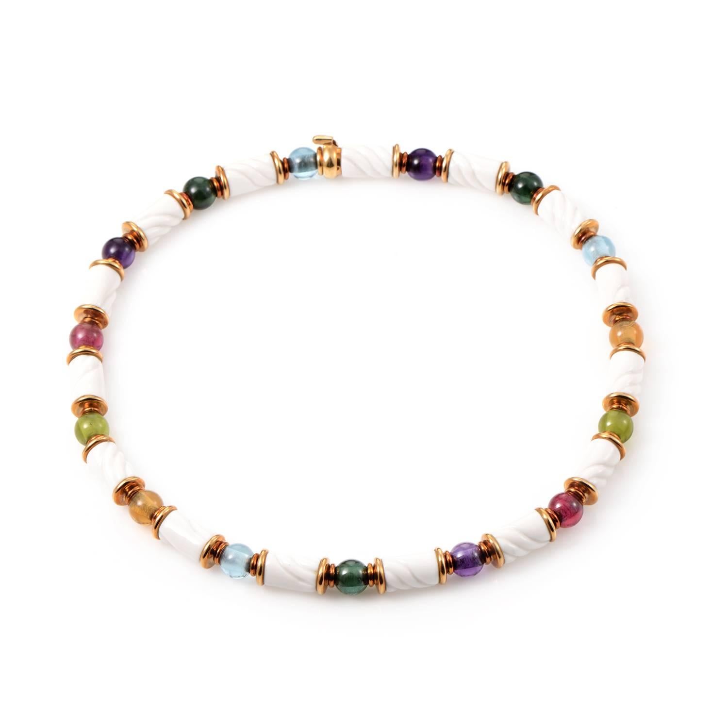 This lovely necklace designed by Bulgari is made of attractive 18K yellow gold and boasts white ceramic and numerous colorful semi-precious stones, offering unconventional eye-catching look.
Ceramic Bead Dimensions: 12 x 8mm 
Gemstone Bead