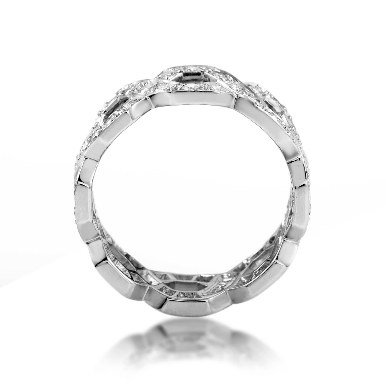 Seemingly comprised of two identical strings of prestigious platinum intertwining to create an intriguing and never-ending pattern, this astonishing wedding band from Tiffany & Co. is an epitome of luxury and style, embellished tastefully with